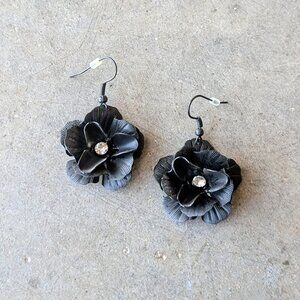 Black Flower Rhinestone Dangle Drop Earrings
